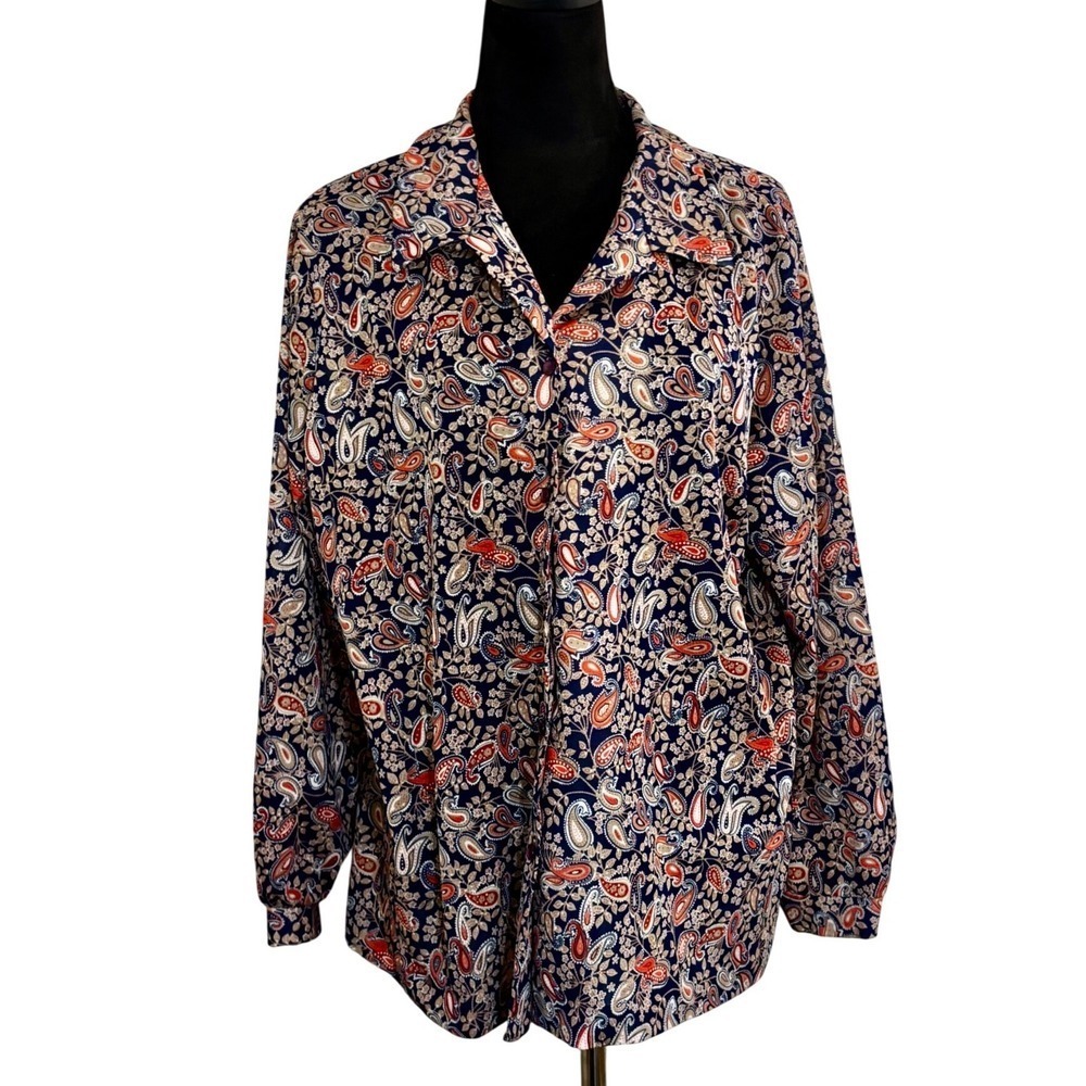 Vintage Lady Graff Paisley Button Up Long Sleeve Shirt‎ Women's Blue Red Boho L